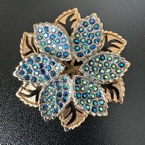 Vintage Blue Green AB Pavé Crystal Flower Layered Brooch Gold Tone Mid-Century